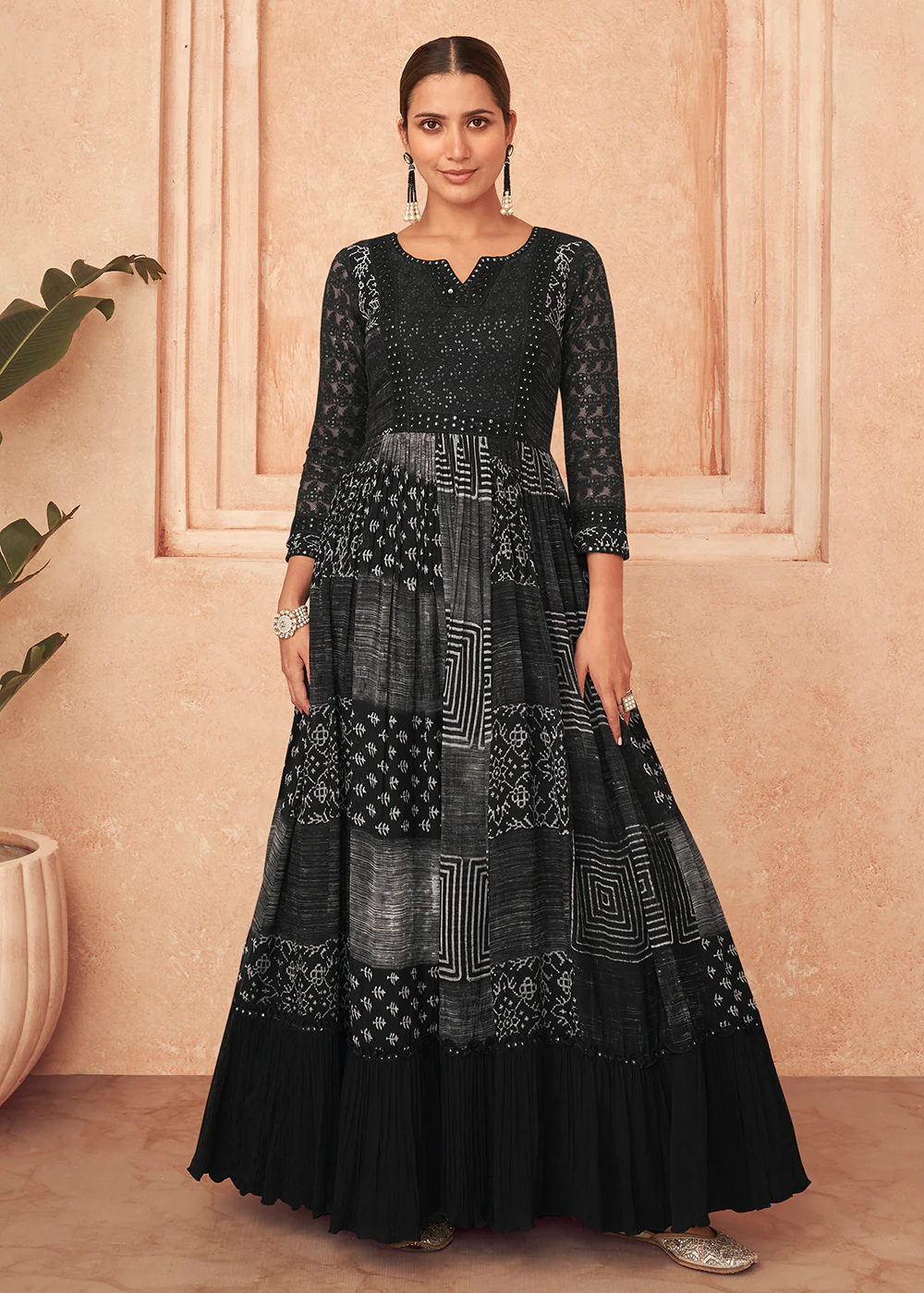Inventive Black Georgette Embroidered Wedding Wear Gown
