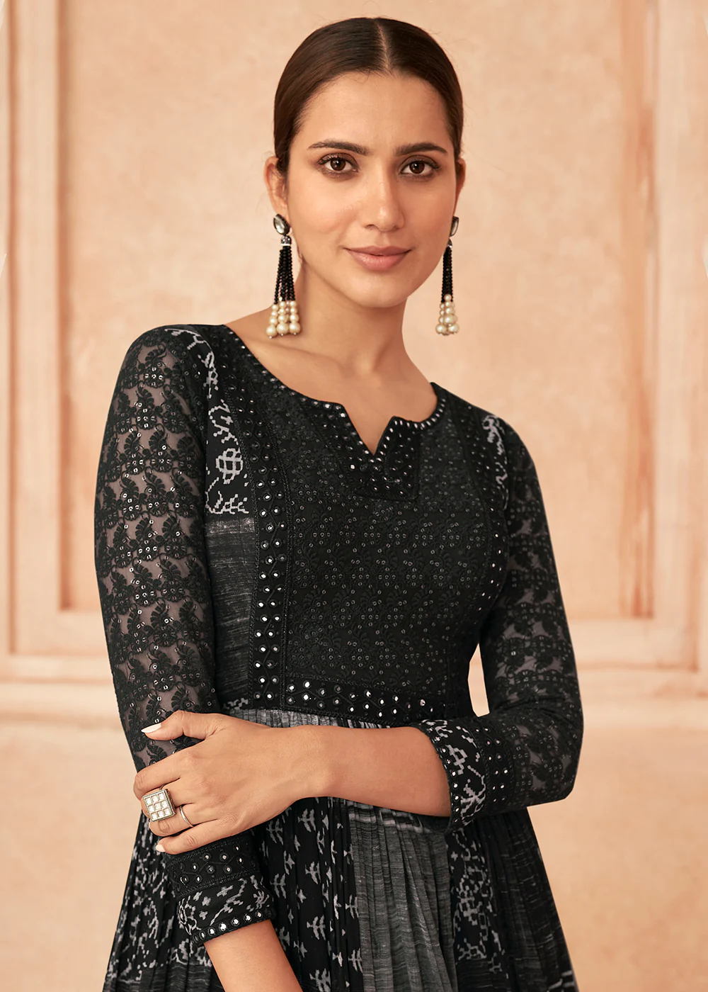 Inventive Black Georgette Embroidered Wedding Wear Gown - Image 2