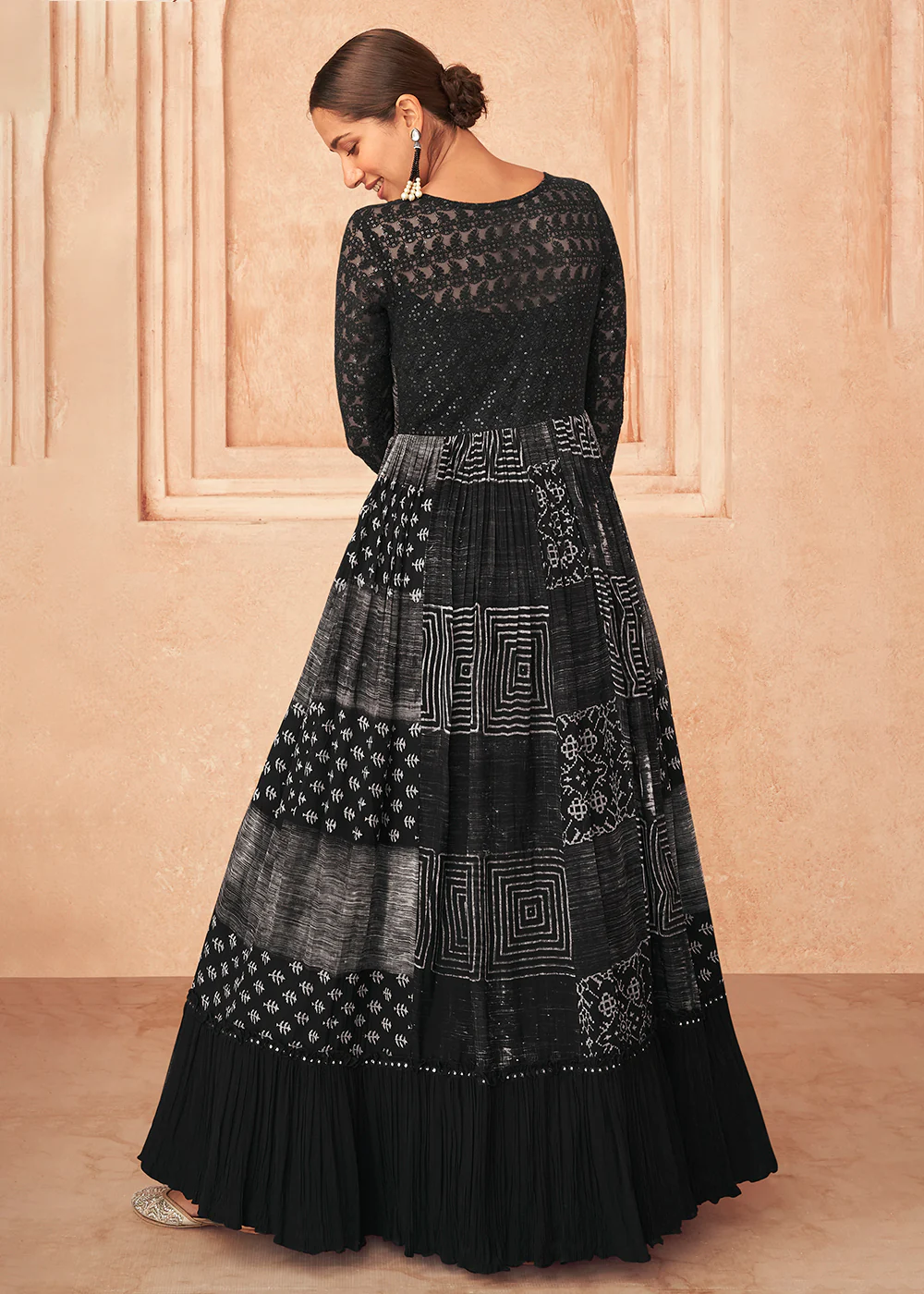 Inventive Black Georgette Embroidered Wedding Wear Gown - Image 3