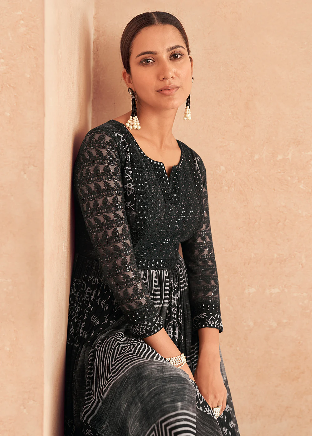 Inventive Black Georgette Embroidered Wedding Wear Gown - Image 4