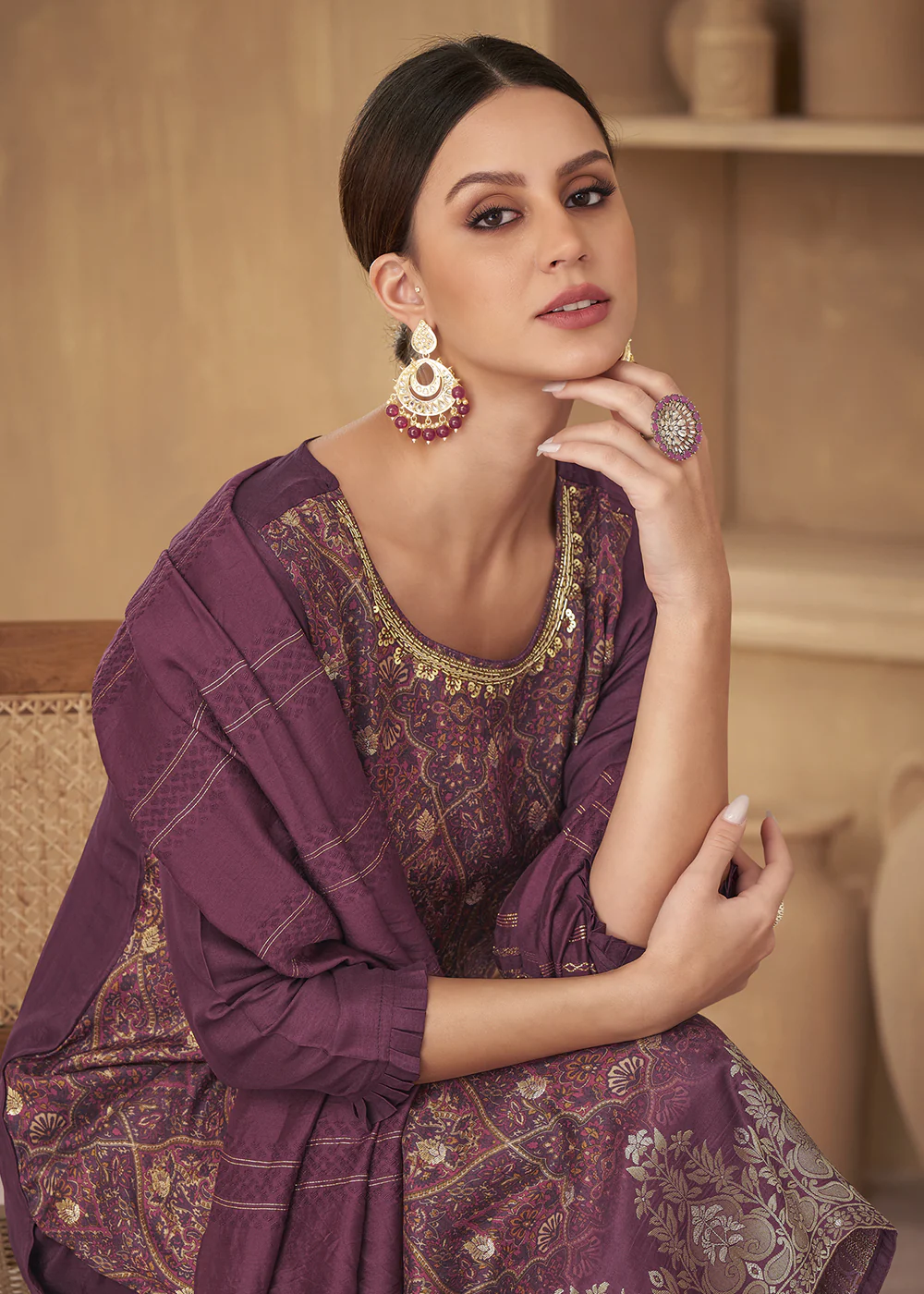 Inventive Purple Russian Silk Embroidered Pant Style Suit - Image 2
