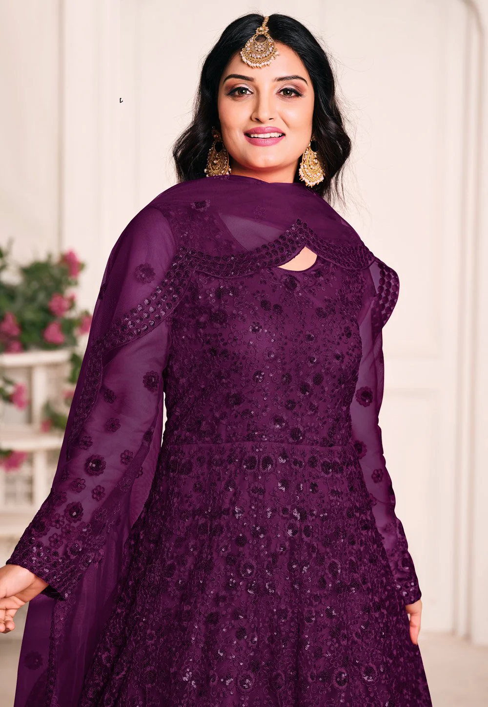 Inviting Purple Net Embroidered Abaya Style Anarkali Suit - Image 2