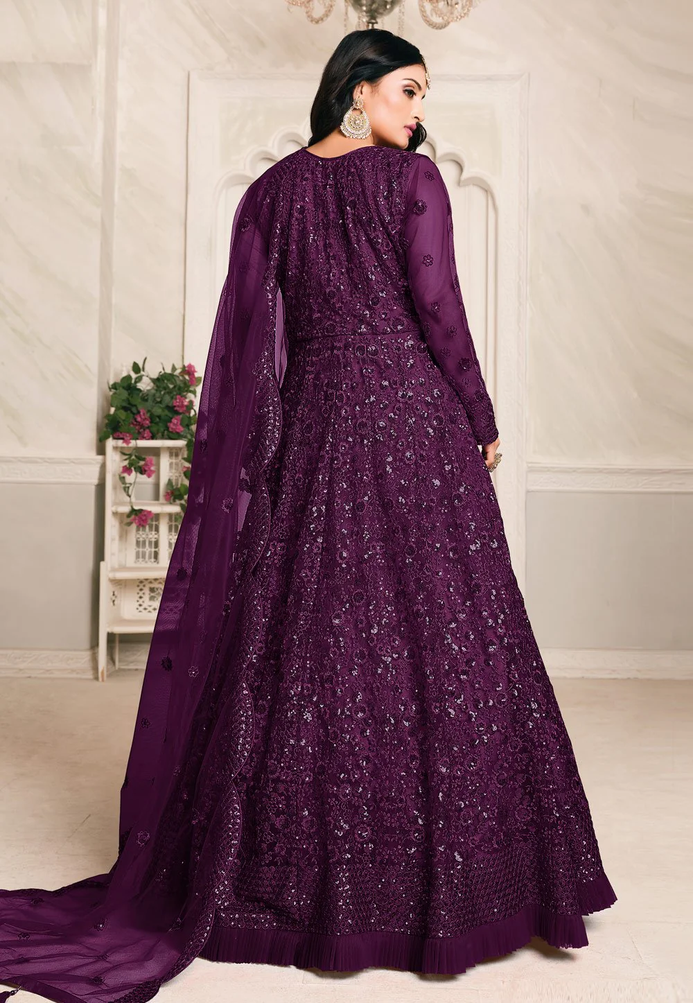 Inviting Purple Net Embroidered Abaya Style Anarkali Suit - Image 3