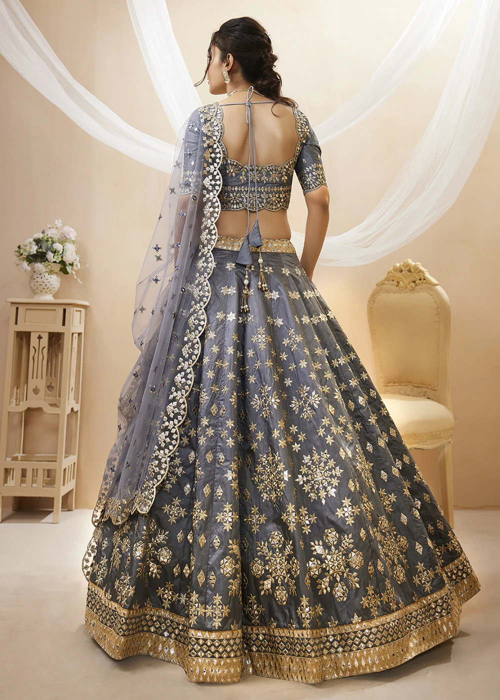 Irresistible Grey Art Silk Embroidered Reception Wear Lehenga Choli - Image 2