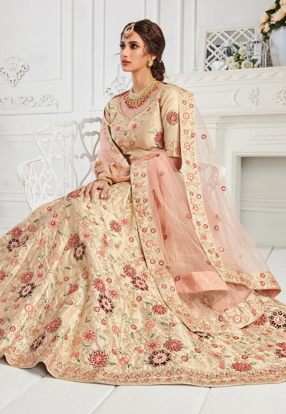 Ivory Cream Sequins Embroidered Silk Bridal Lehenga Choli - Image 4