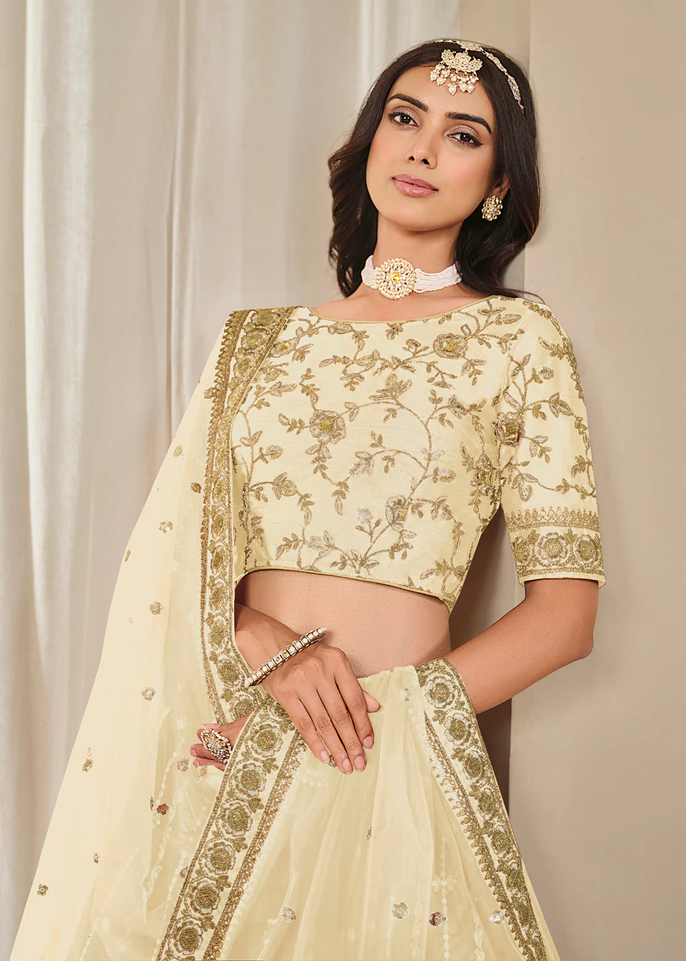 Ivory Embroidered Art Silk Wedding Lehenga Choli - Image 2