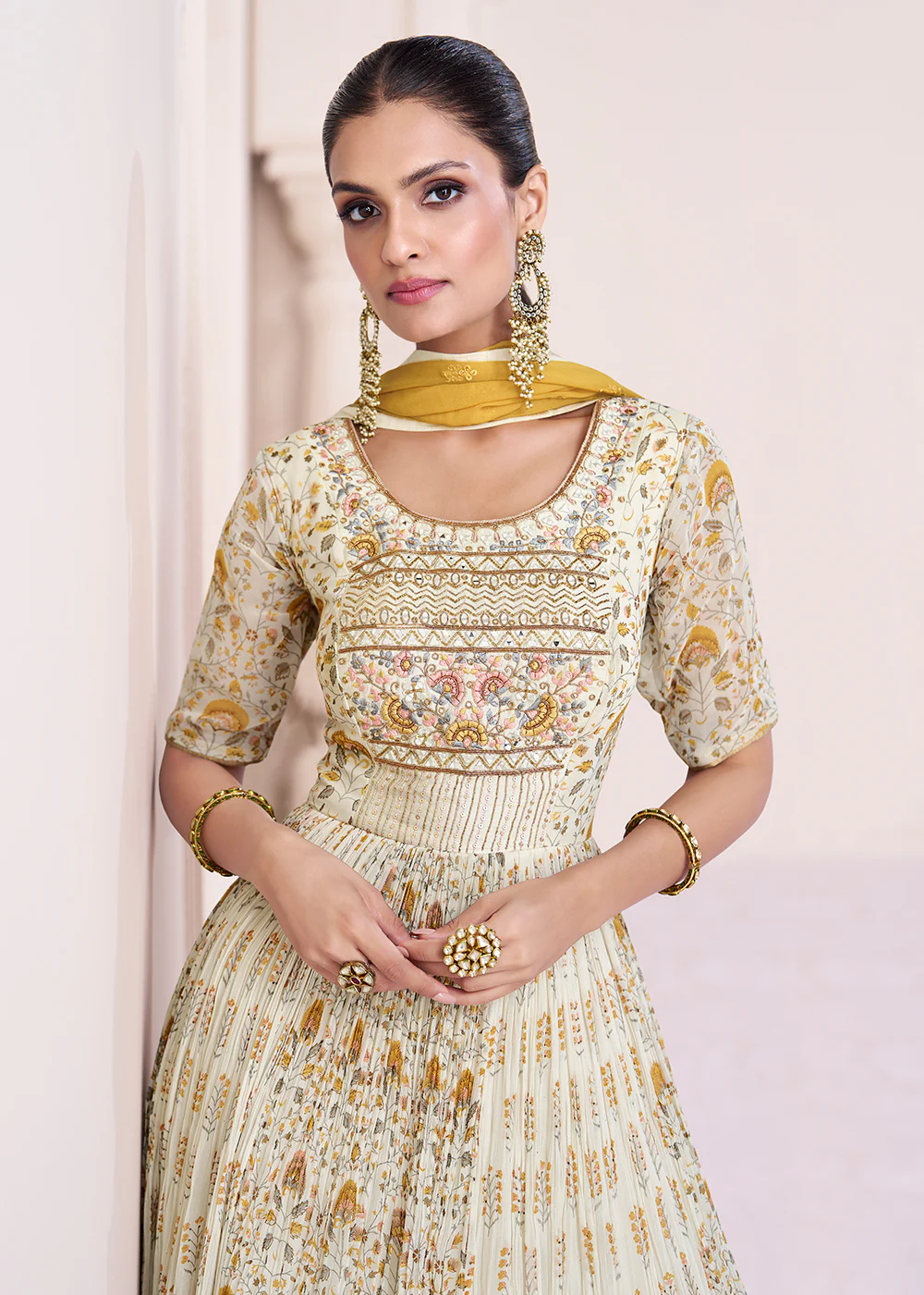 Ivory & Mustard Georgette Printed & Embroidered Anarkali Dress - Image 2