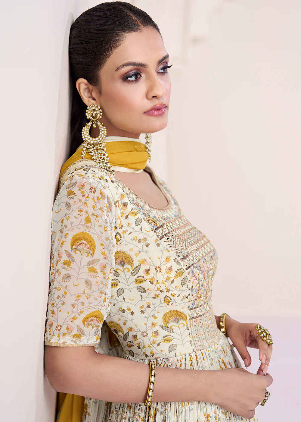 Ivory & Mustard Georgette Printed & Embroidered Anarkali Dress - Image 4