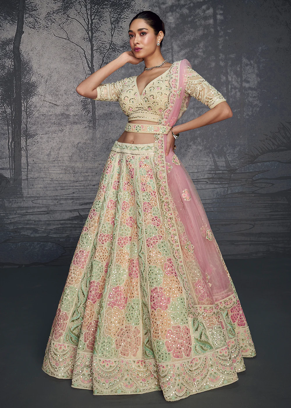Ivory Pink Net Hand Embroidered Designer Lehenga Choli