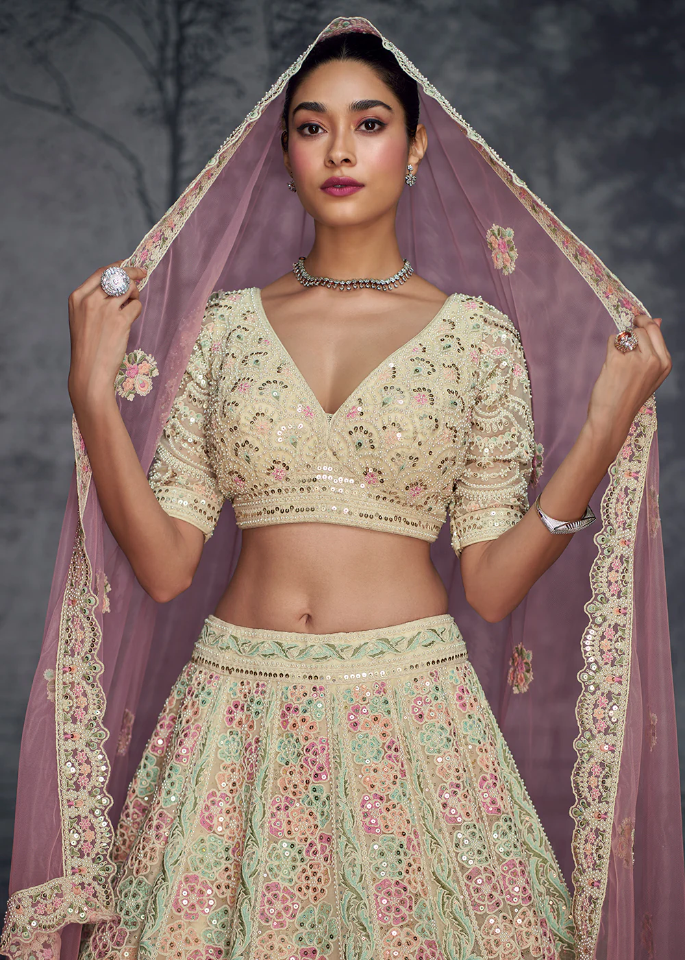 Ivory Pink Net Hand Embroidered Designer Lehenga Choli - Image 2