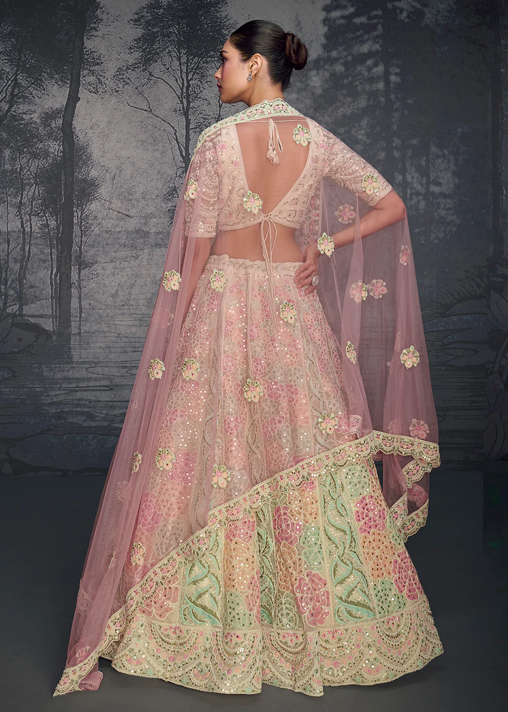 Ivory Pink Net Hand Embroidered Designer Lehenga Choli - Image 3