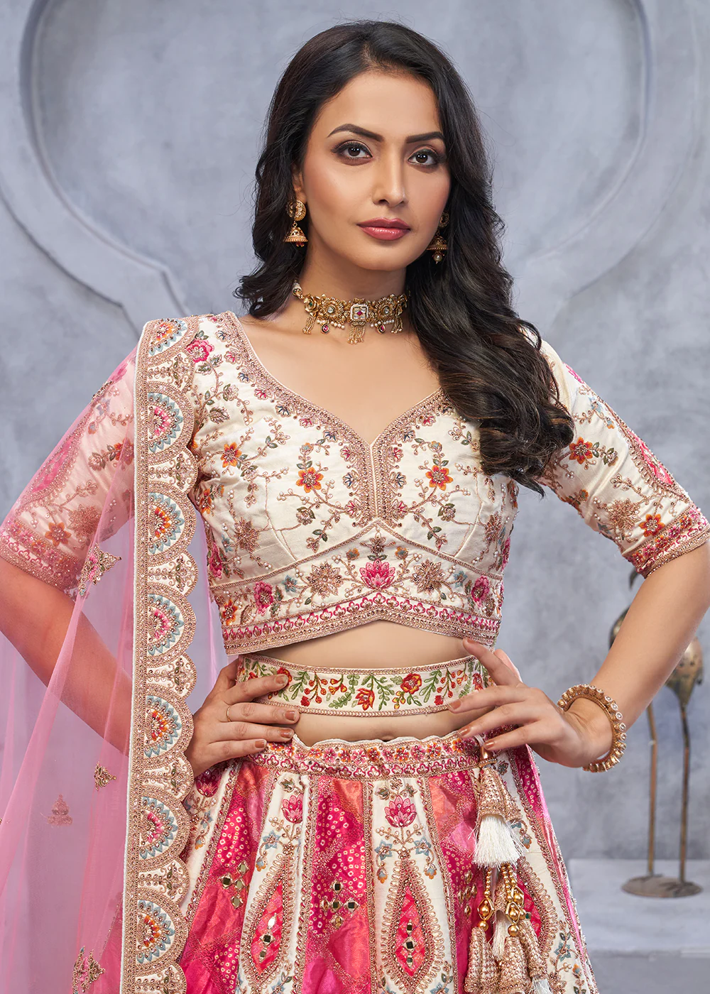 Ivory Pink Organza Silk Heavy Embroidered Wedding Lehenga Choli - Image 2