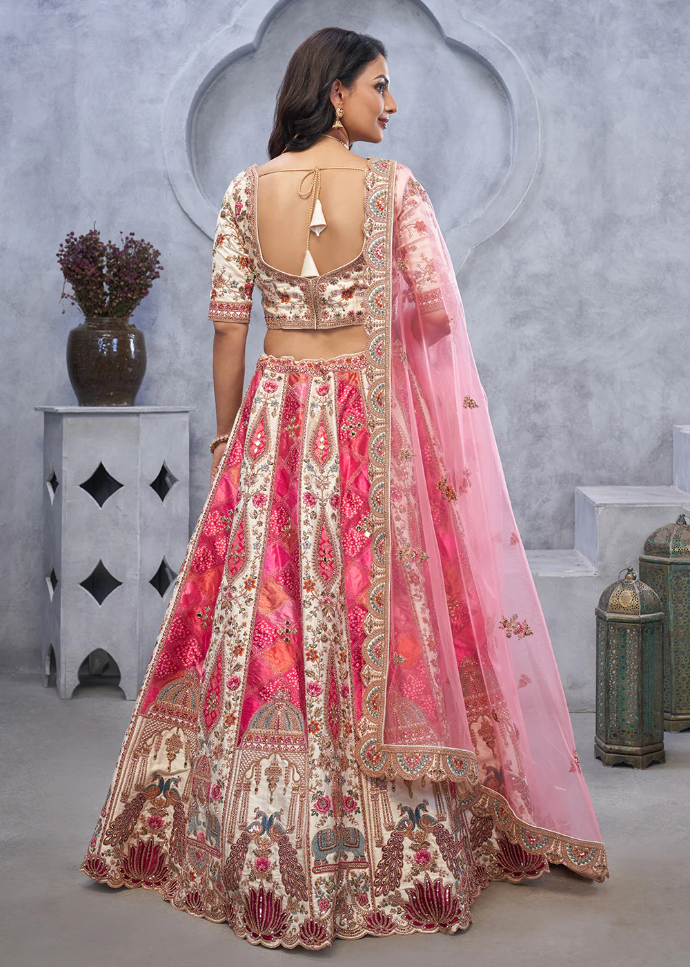 Ivory Pink Organza Silk Heavy Embroidered Wedding Lehenga Choli - Image 3