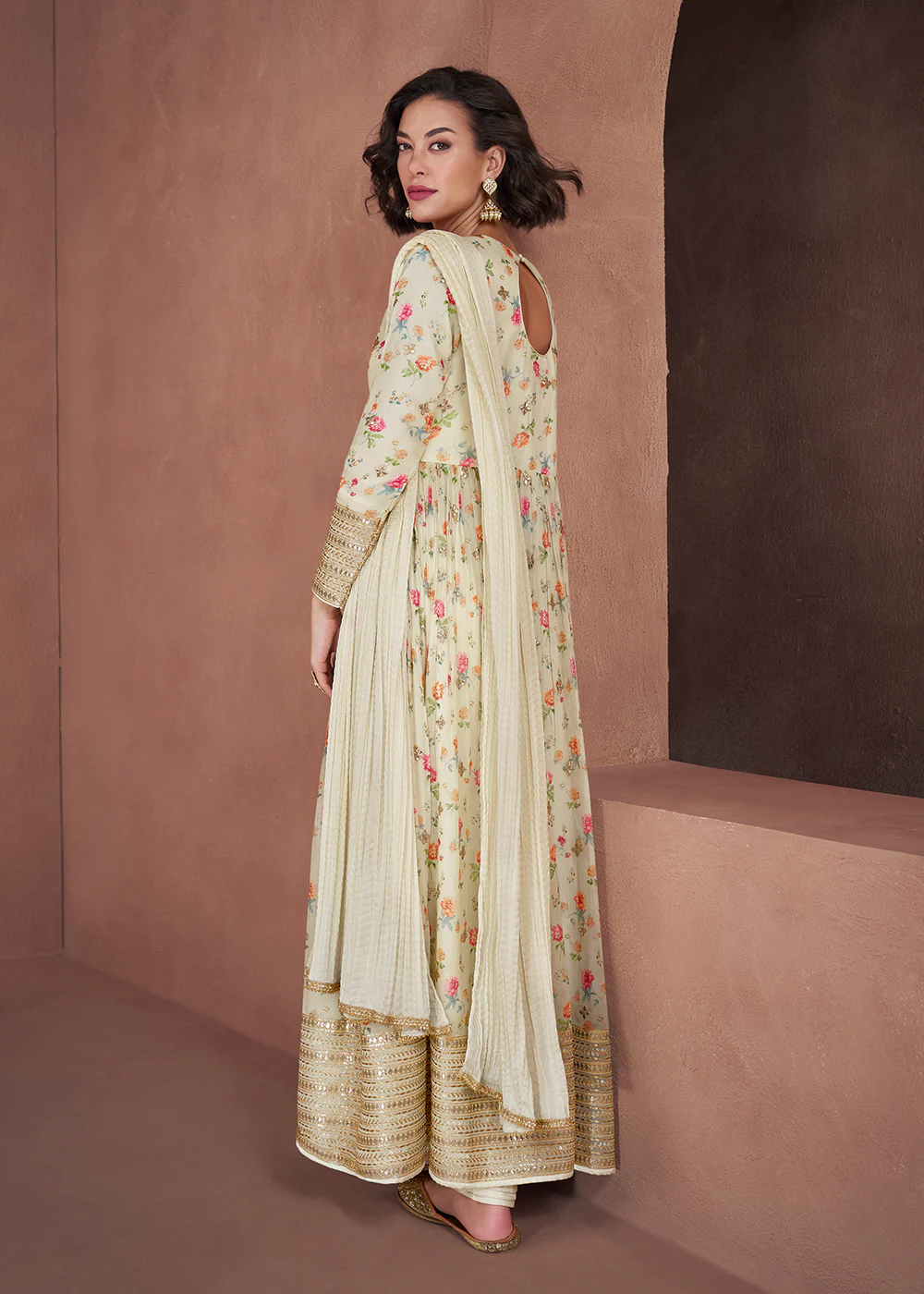 Ivory Real Georgette Embroidered & Printed Anarkali Dress - Image 3
