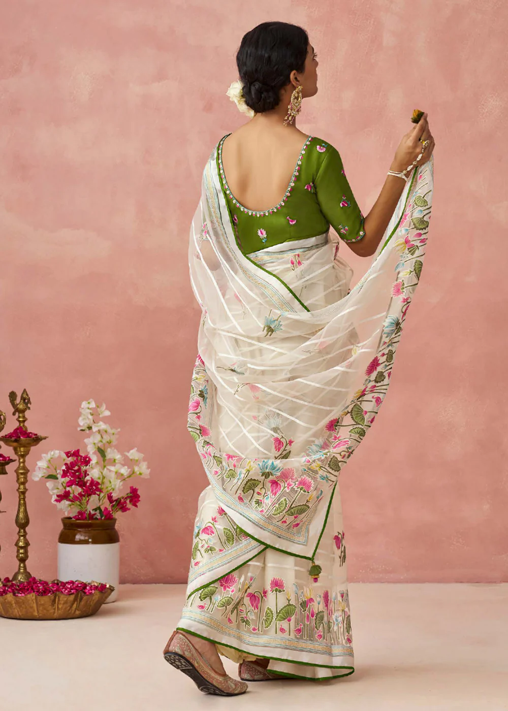Ivory Soft Brasso Organza Printed Festive Classic Saree - Image 3