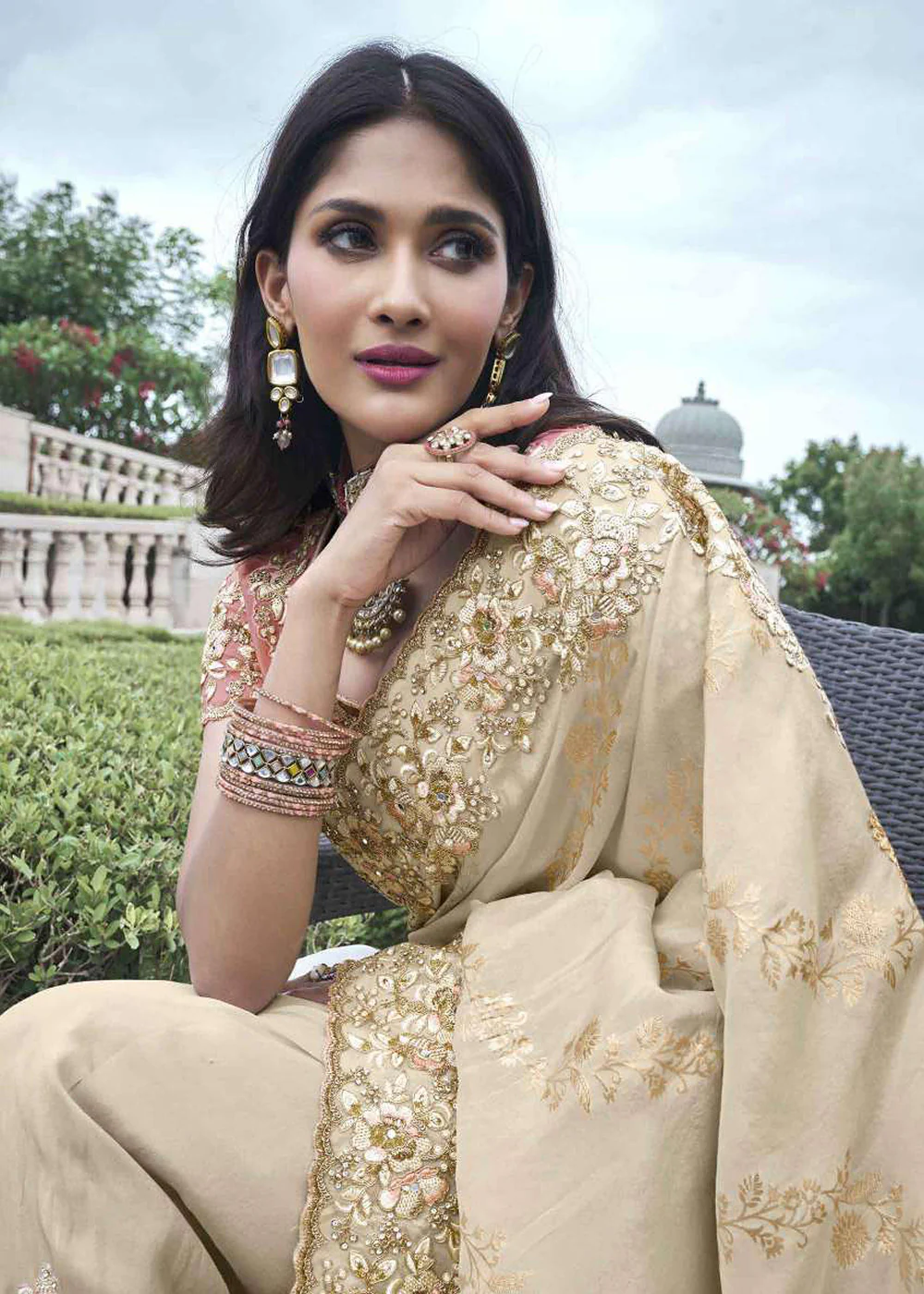 Ivory Viscose Silk Embroidered Designer Wedding Saree - Image 2