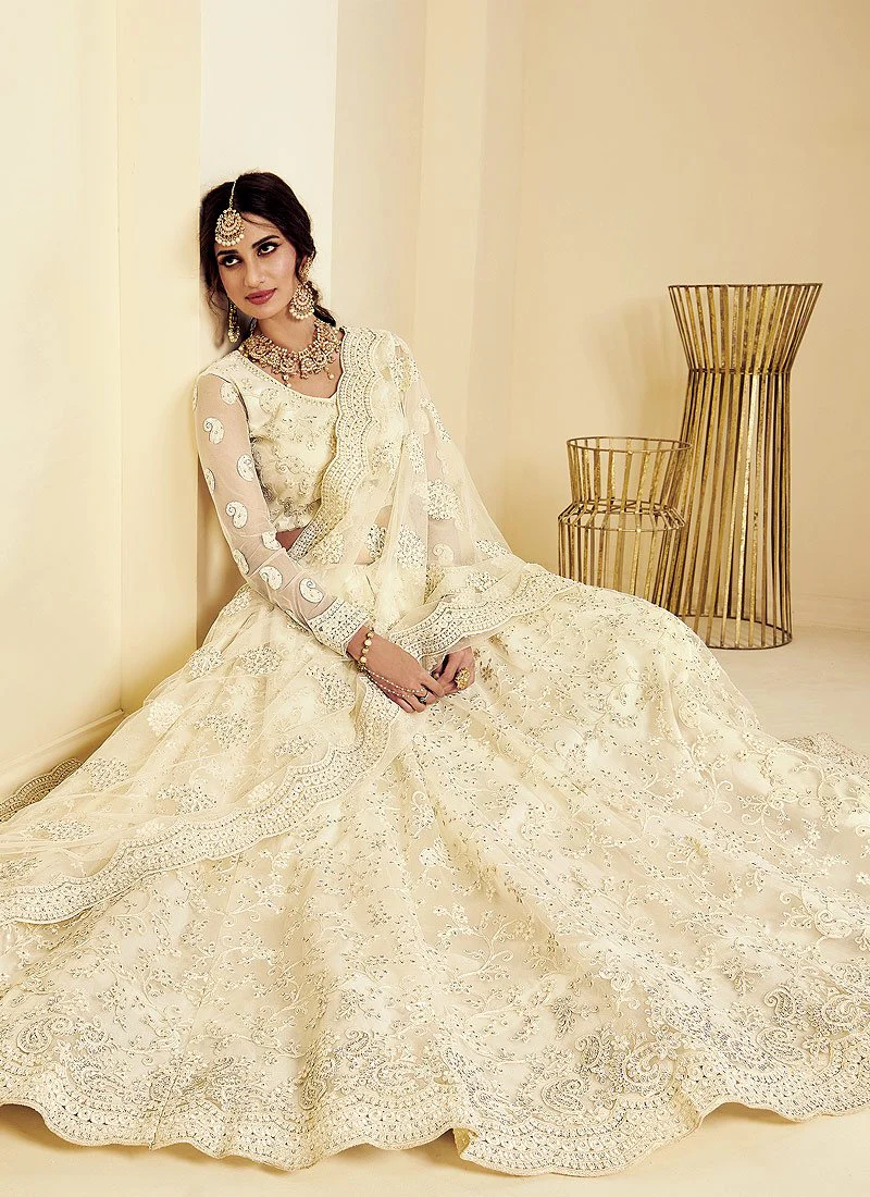 Ivory White Coding Embroidered Wedding Lehenga Choli - Image 4