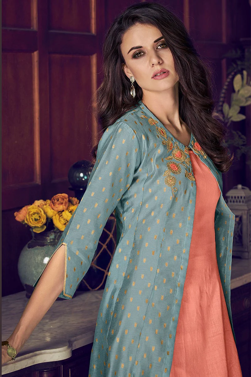 Jacket Style Dazzling Peach Embroidered Designer Suit - Image 2