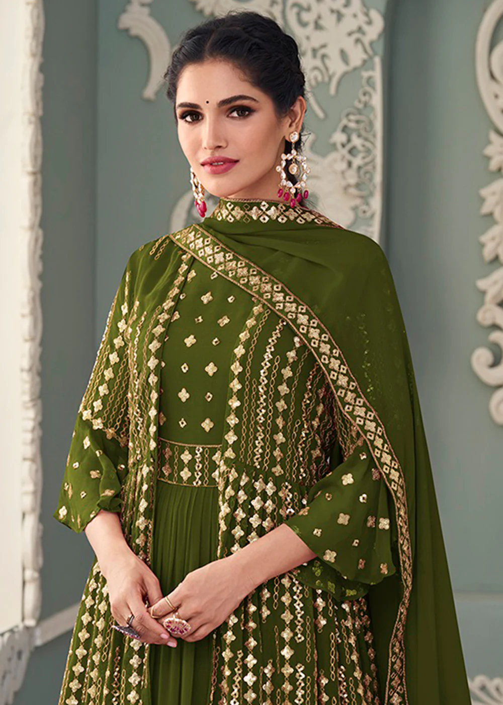 Jacket Style Lovely Green Embroidered Wedding Anarkali - Image 2