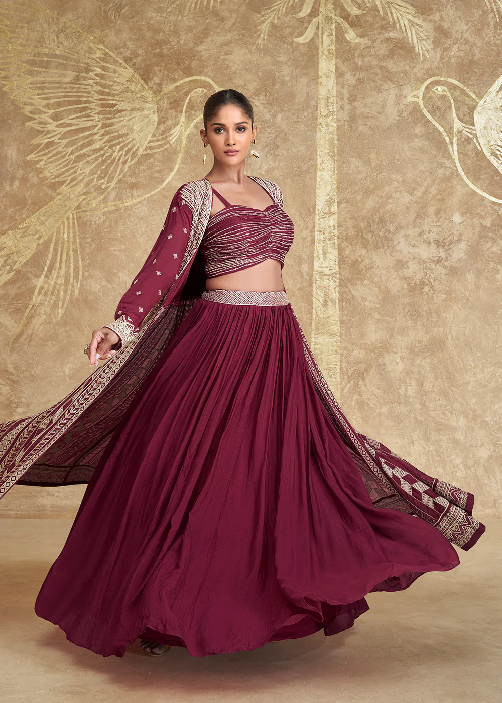 Jacket Style Maroon Embroidered Festive Lehenga Choli - Image 6