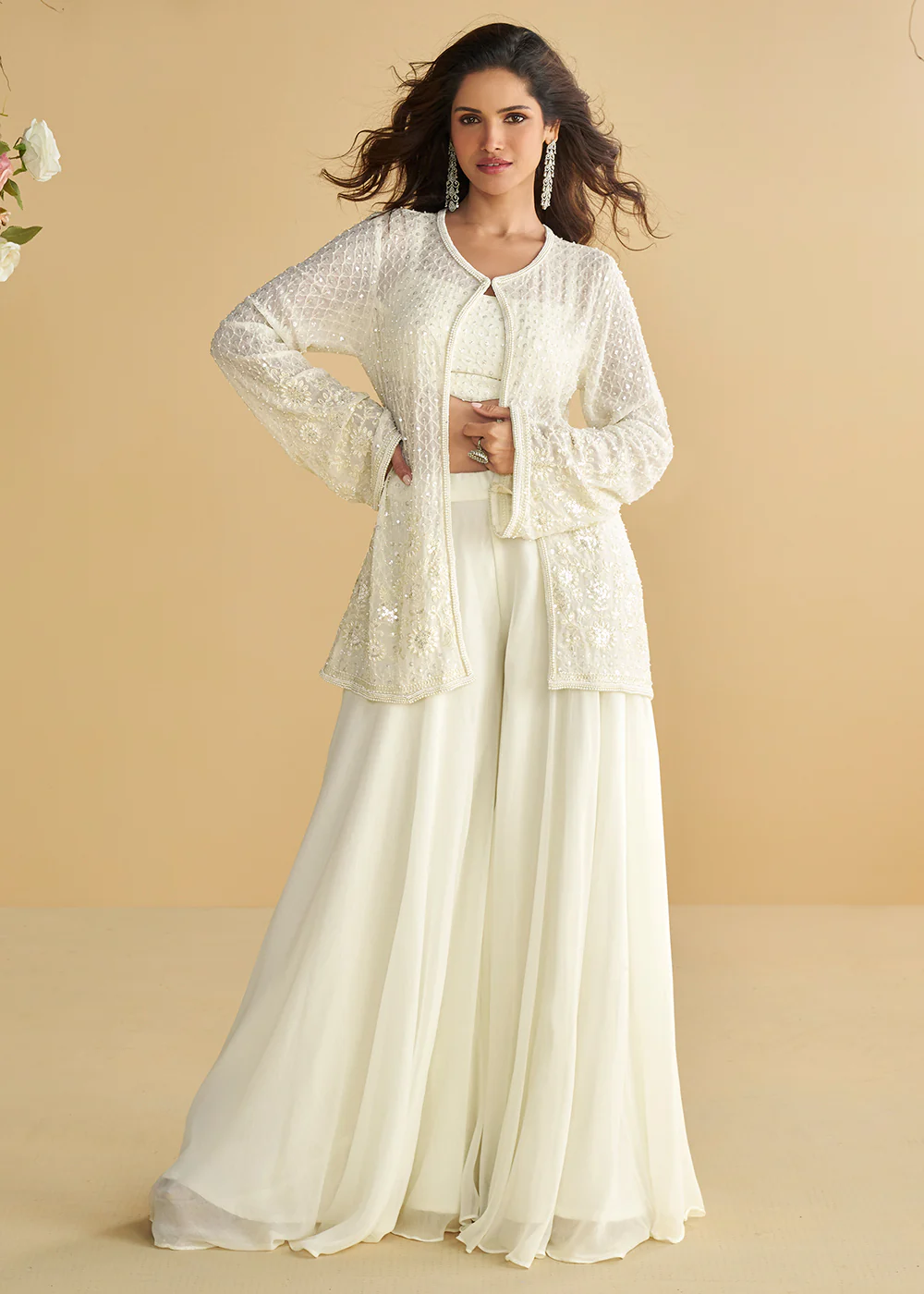 Jacket Style Pearl White Trendy Indo Wester Dress