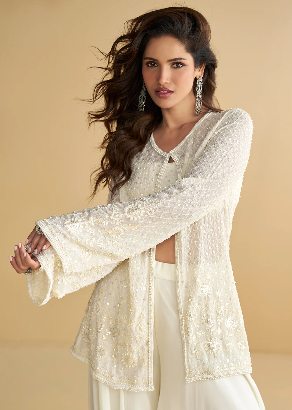 Jacket Style Pearl White Trendy Indo Wester Dress - Image 2