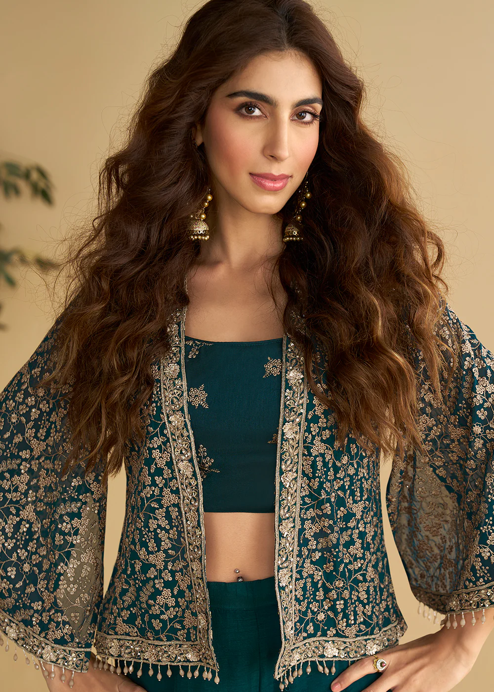 Jacket Style Teal Green Trendy Indo Wester Dress - Image 4