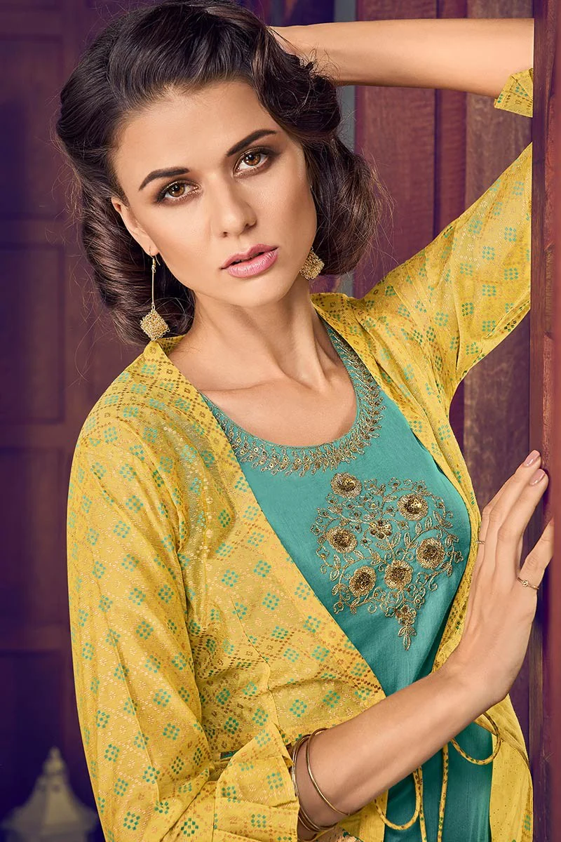 Jacket Style Teal & Yellow Embroidered Designer Suit - Image 2