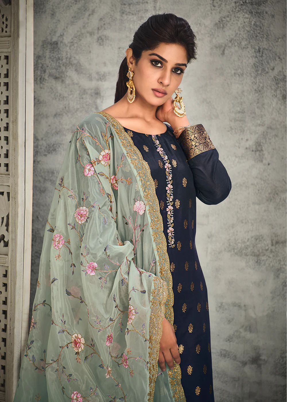 Jacquard Silk Adorning Blue Pakistani Style Pant Suit - Image 2