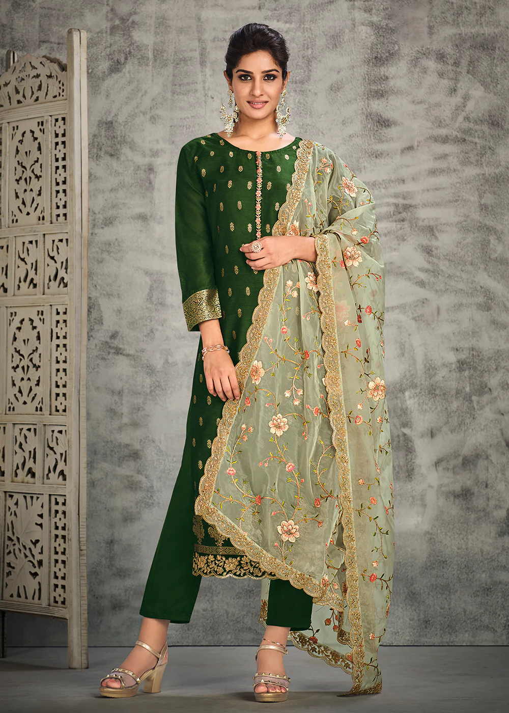 Jacquard Silk Adorning Green Pakistani Style Pant Suit