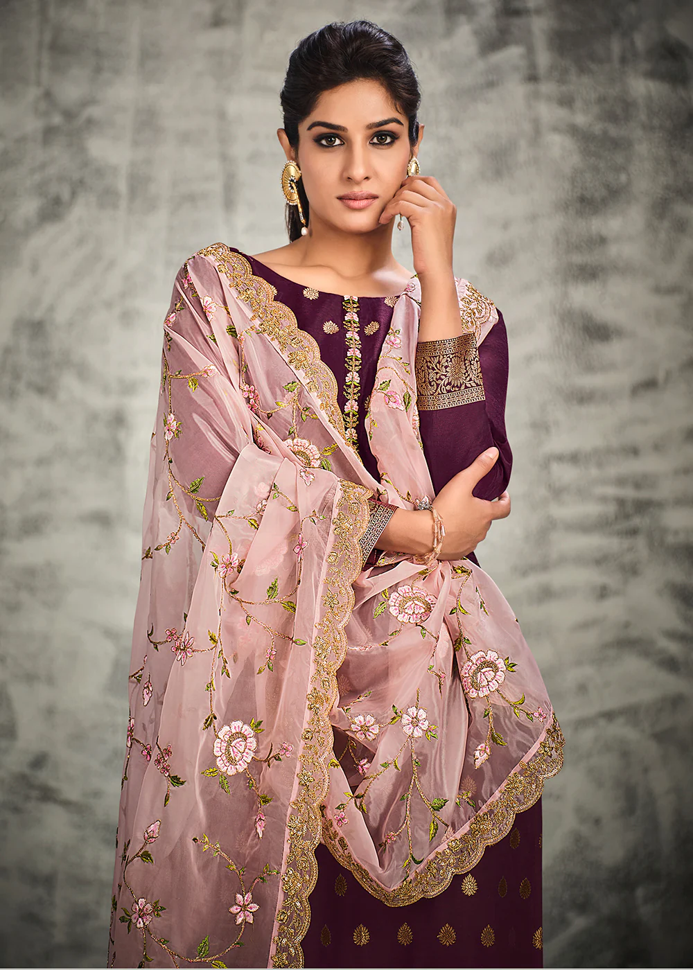 Jacquard Silk Adorning Purple Pakistani Style Pant Suit - Image 2