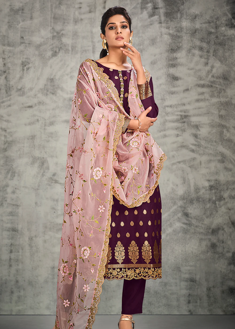 Jacquard Silk Adorning Purple Pakistani Style Pant Suit - Image 3