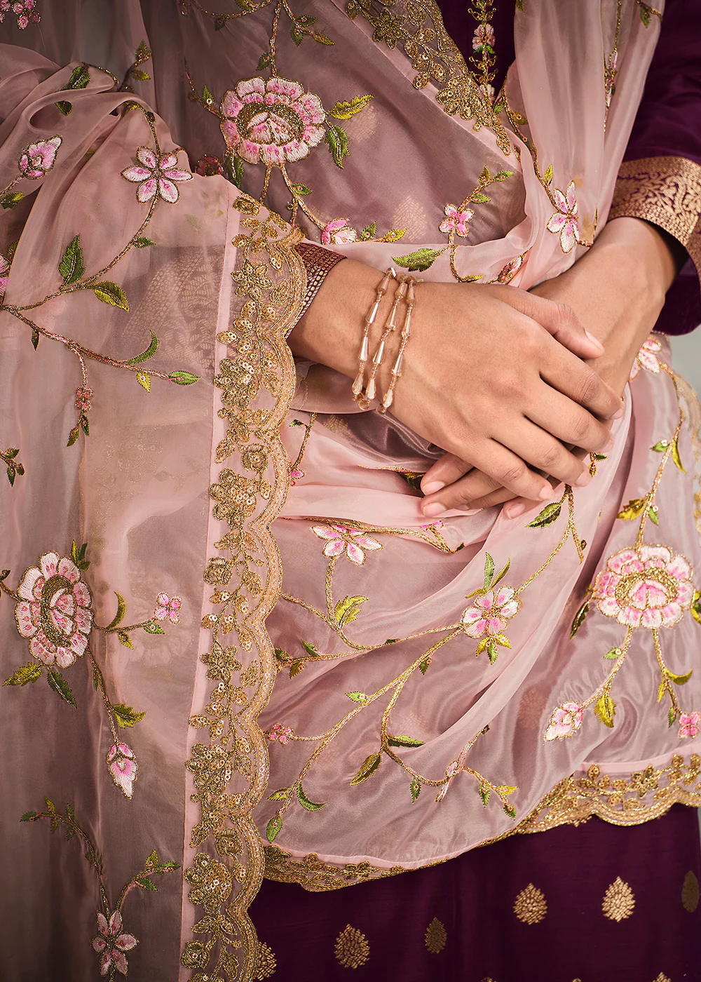 Jacquard Silk Adorning Purple Pakistani Style Pant Suit - Image 4