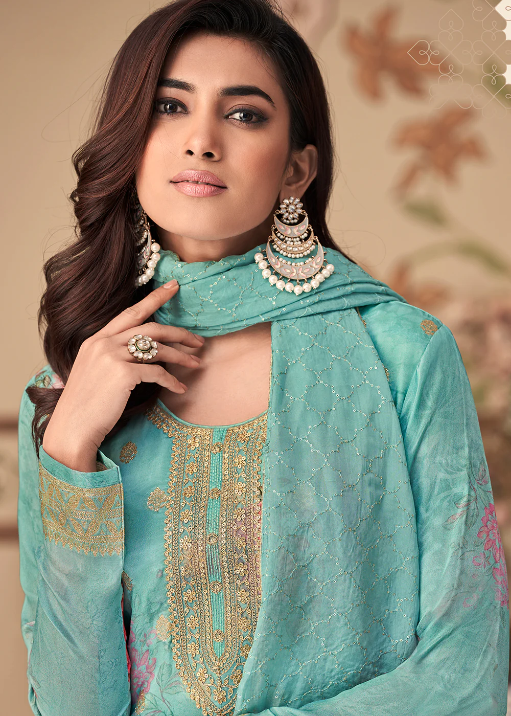 Jacquard Silk Beatific Aqua Blue Digital Printed Salwar Suit - Image 2