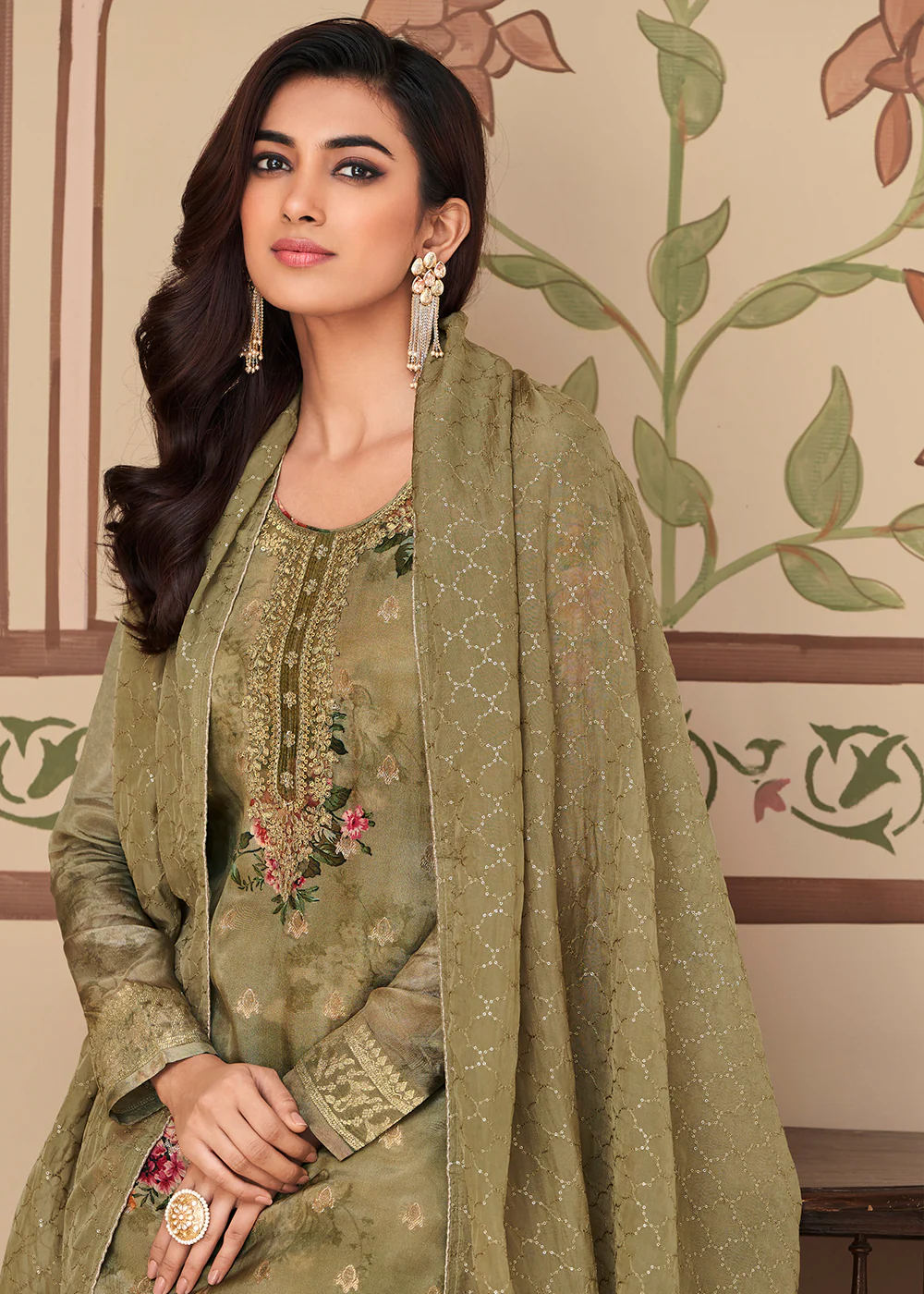 Jacquard Silk Classic Olive Green Digital Printed Salwar Suit - Image 2