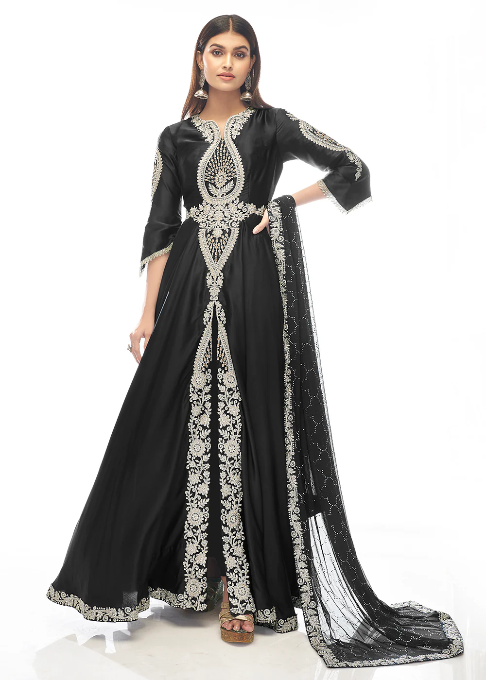 Jade Black Jewel Style Work Satin Wedding Anarkali Suit