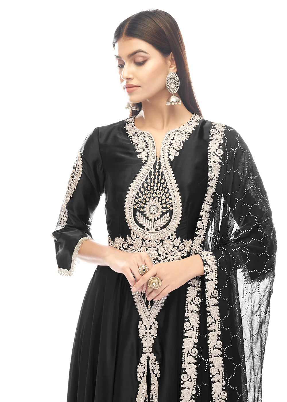 Jade Black Jewel Style Work Satin Wedding Anarkali Suit - Image 2