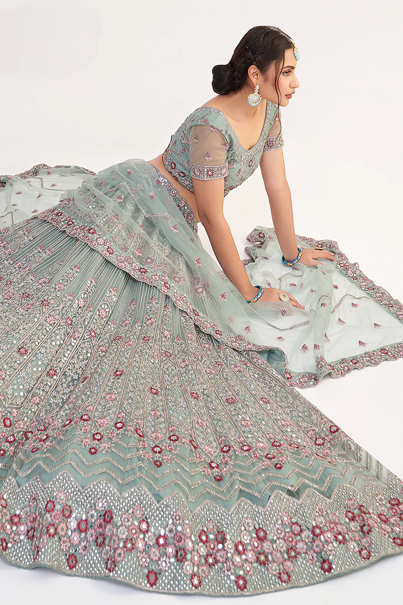 Jade Green Designer Bridal Heavy Embroidered Lehenga Choli - Image 4