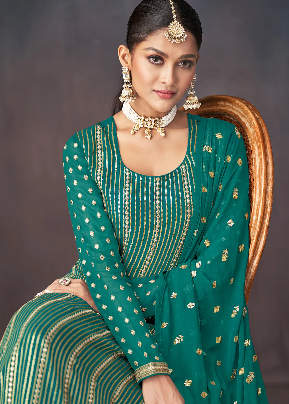 Jade Green Georgette Embellished Festive Sharara Suit - Image 2