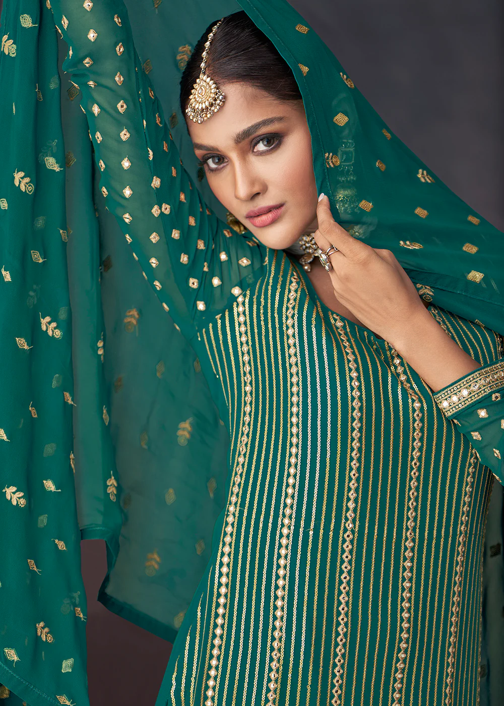 Jade Green Georgette Embellished Festive Sharara Suit - Image 3