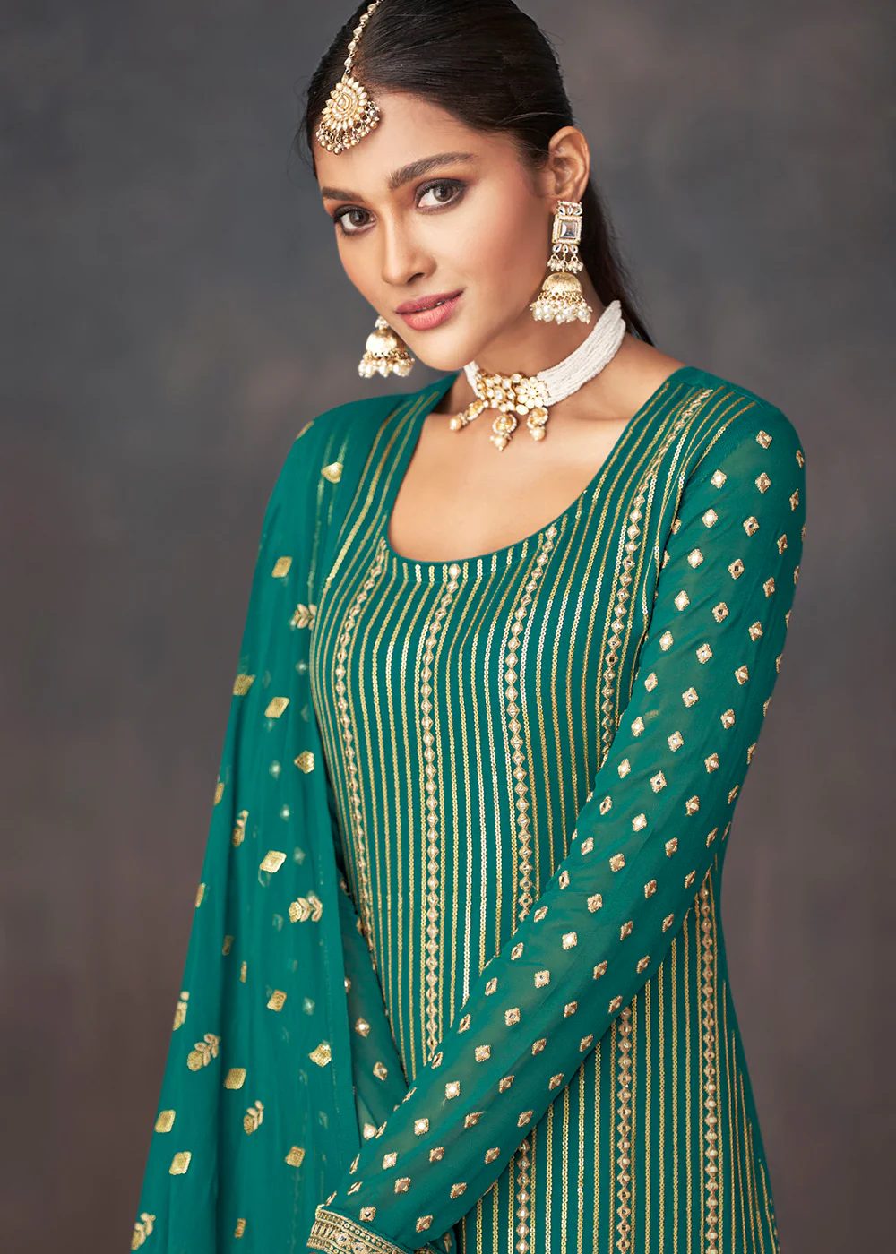 Jade Green Georgette Embellished Festive Sharara Suit - Image 4