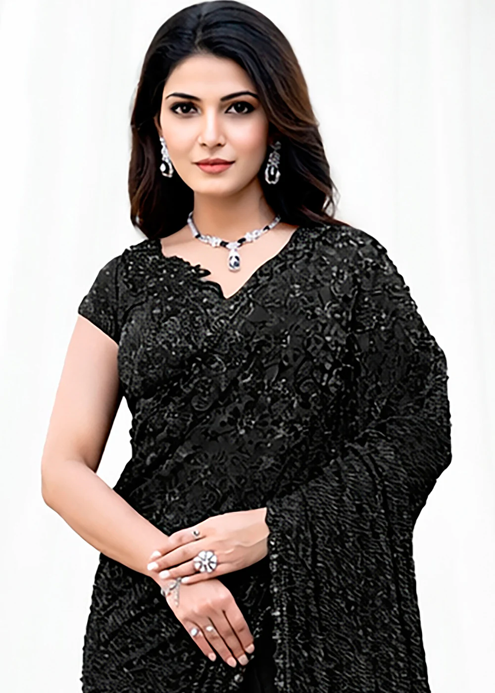 Jet Black Embroidered Wedding Party Wear Saree - Image 2