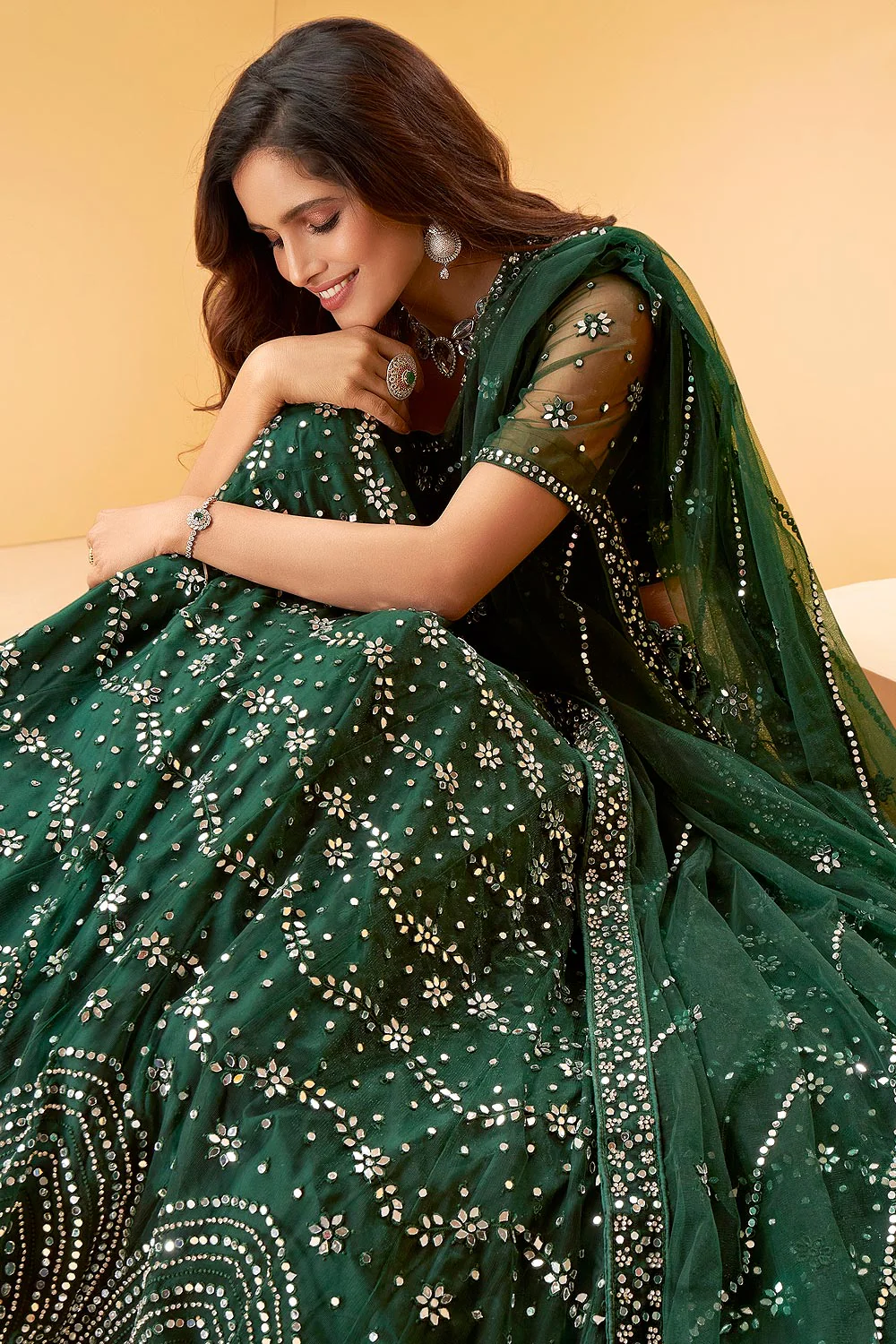Kaitoke Green Mirror Work Embroidered Wedding Lehenga - Image 2