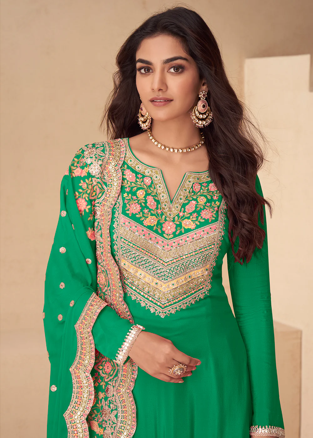 Kelly Green Embroidered Work Festive Style Palazzo Suit - Image 2