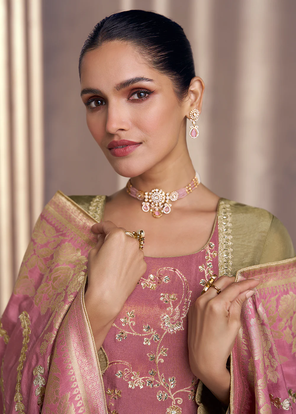 Khaki Beige Shimmer Silk Wedding Festive Salwar Kameez - Image 2