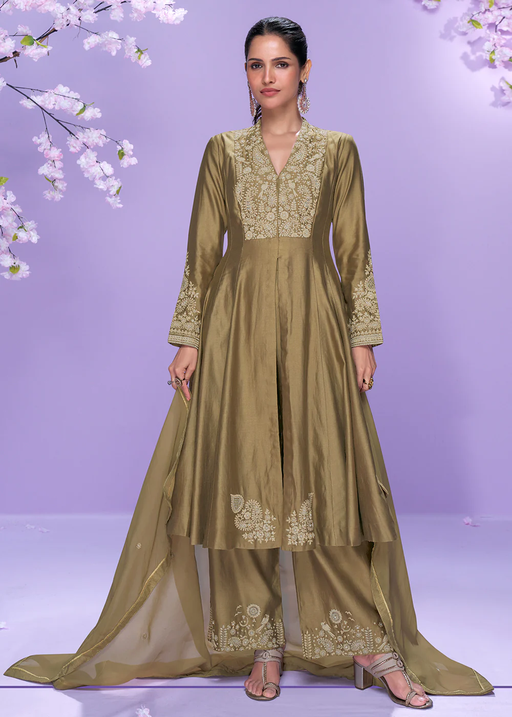 Khaki Brown Roman Silk Long Cut Palazzo Suit