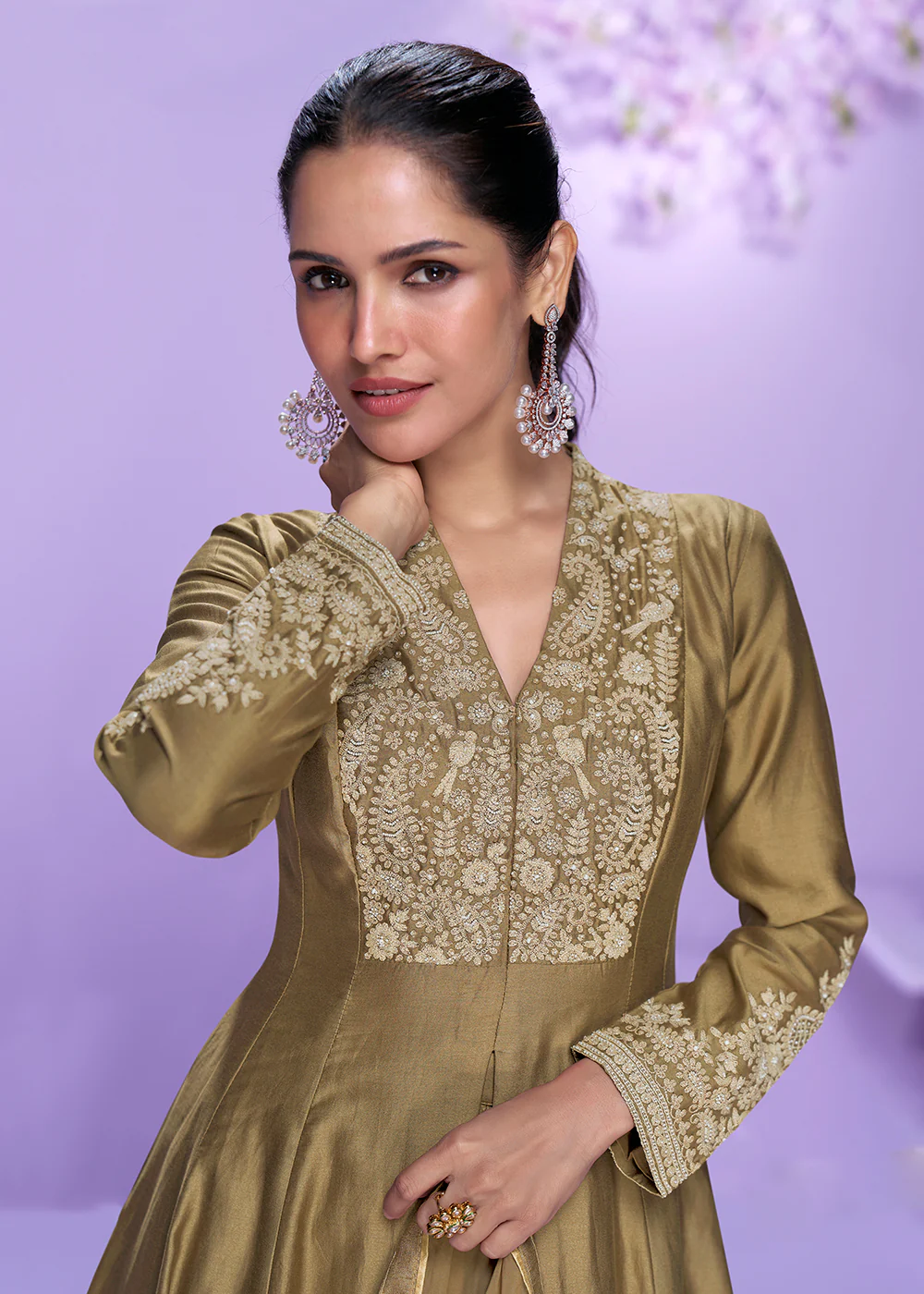 Khaki Brown Roman Silk Long Cut Palazzo Suit - Image 2