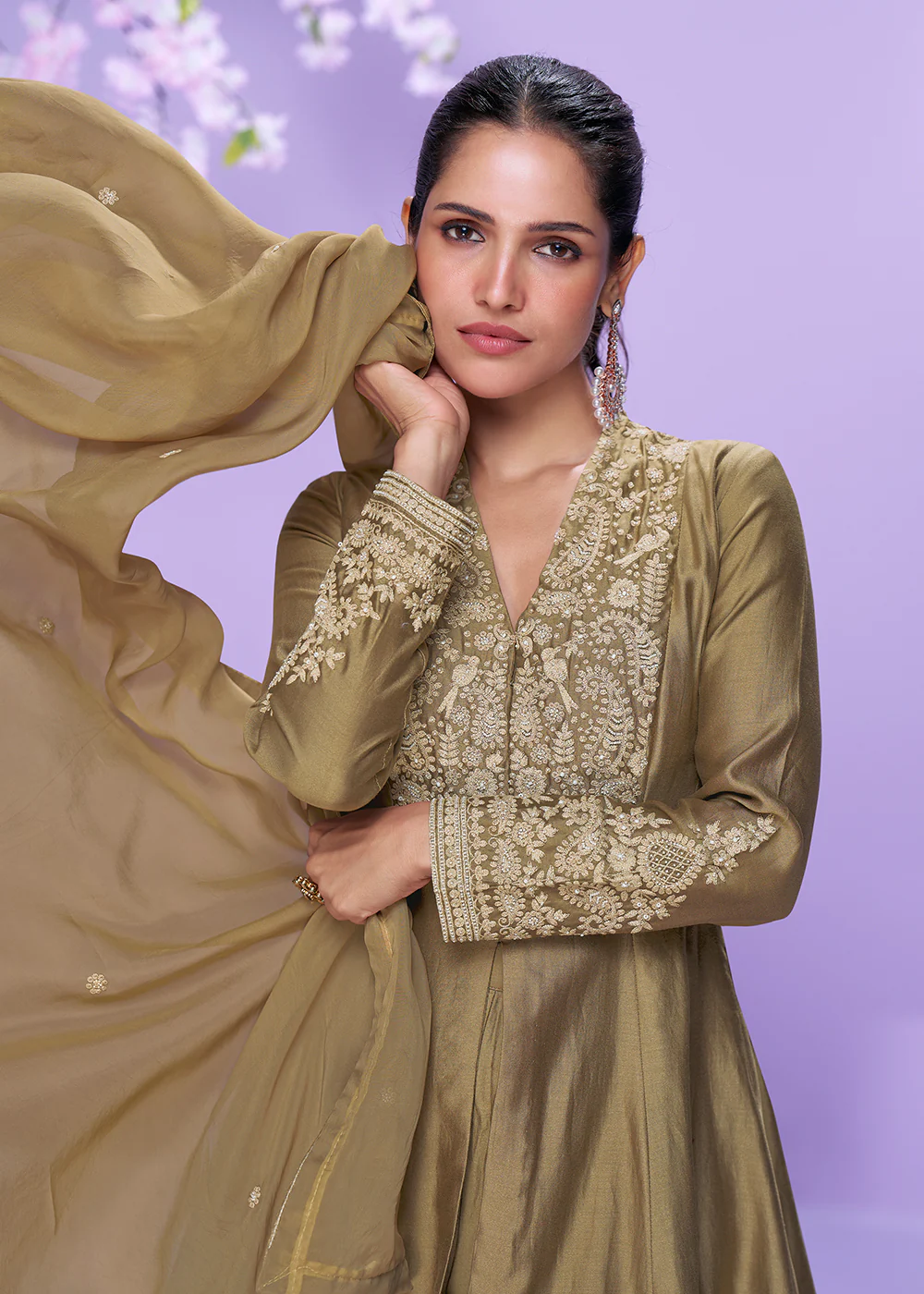 Khaki Brown Roman Silk Long Cut Palazzo Suit - Image 3