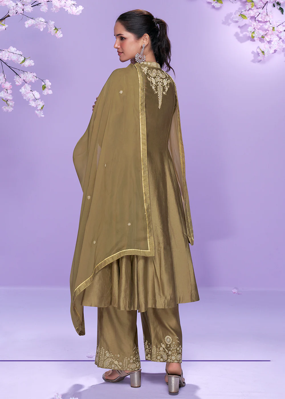 Khaki Brown Roman Silk Long Cut Palazzo Suit - Image 4