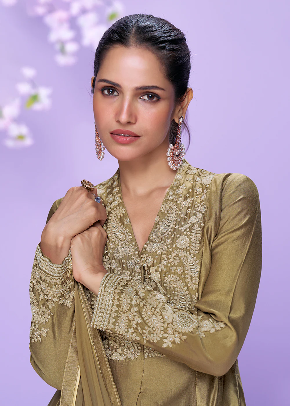Khaki Brown Roman Silk Long Cut Palazzo Suit - Image 5